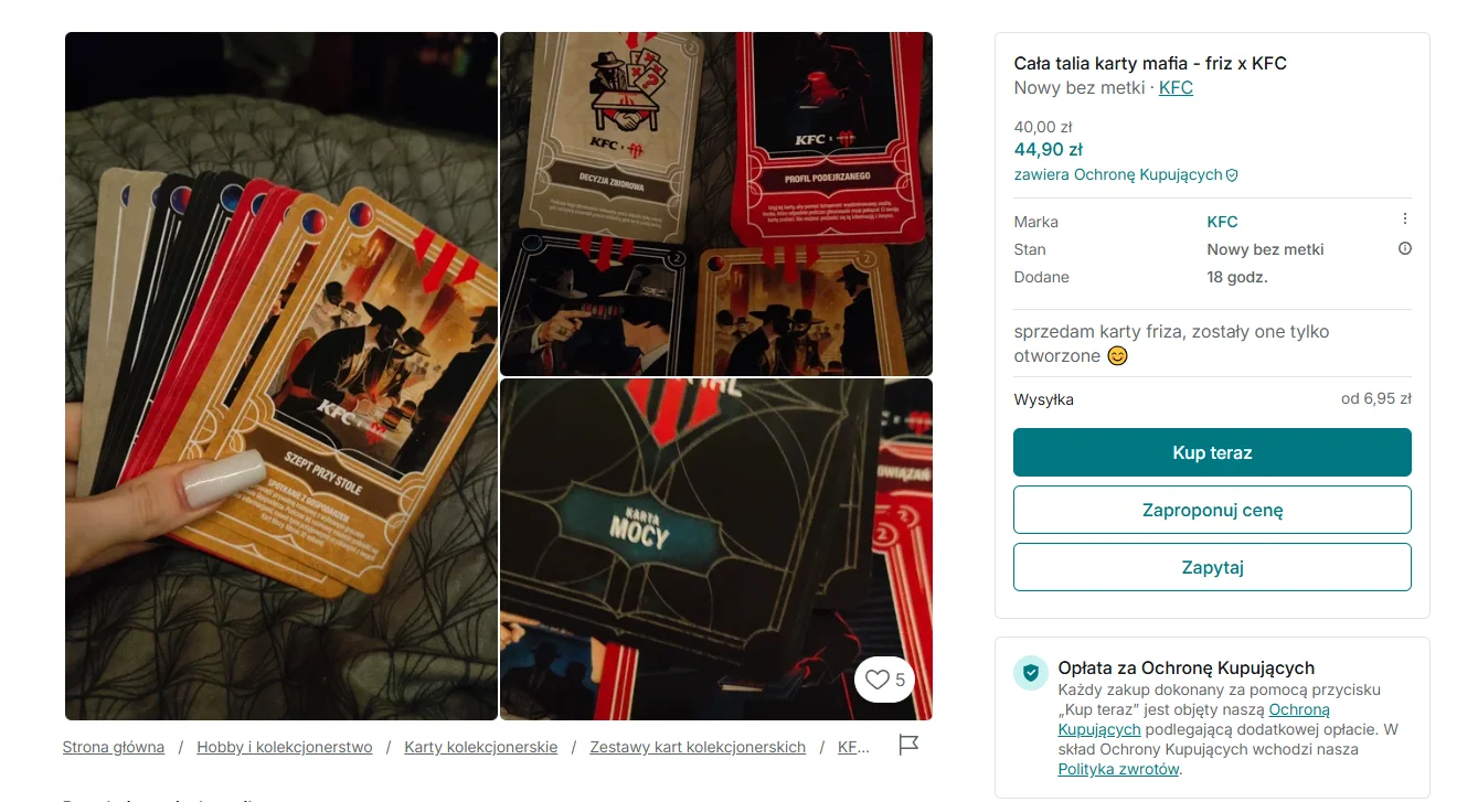 Oferty otwartych kart Mafia IRL na Vinted - ceny skompletowanych talii