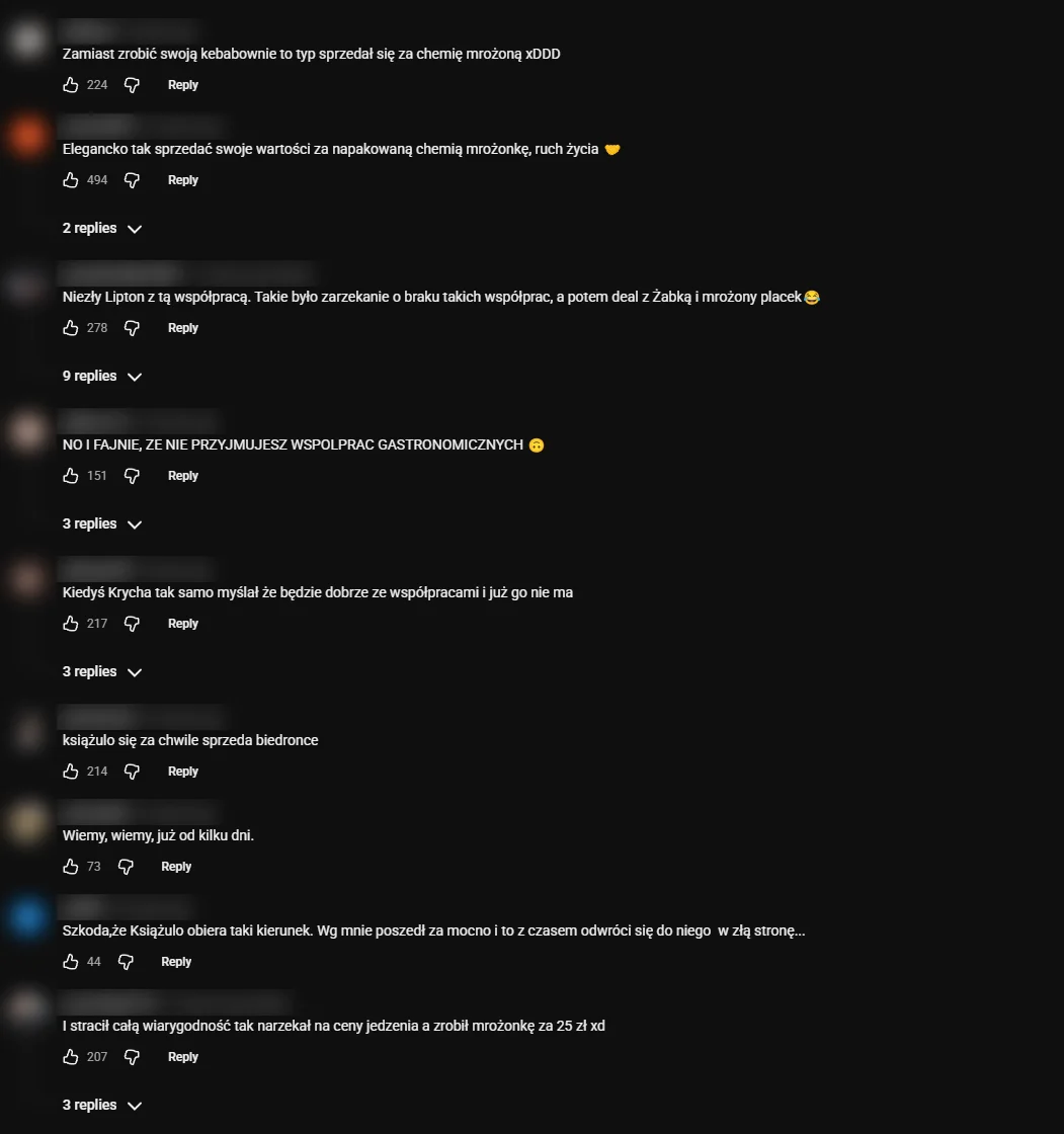 Zrzut ekranu krytycznych komentarzy pod filmem Książula o pizzy w Żabce, nicki zamazane