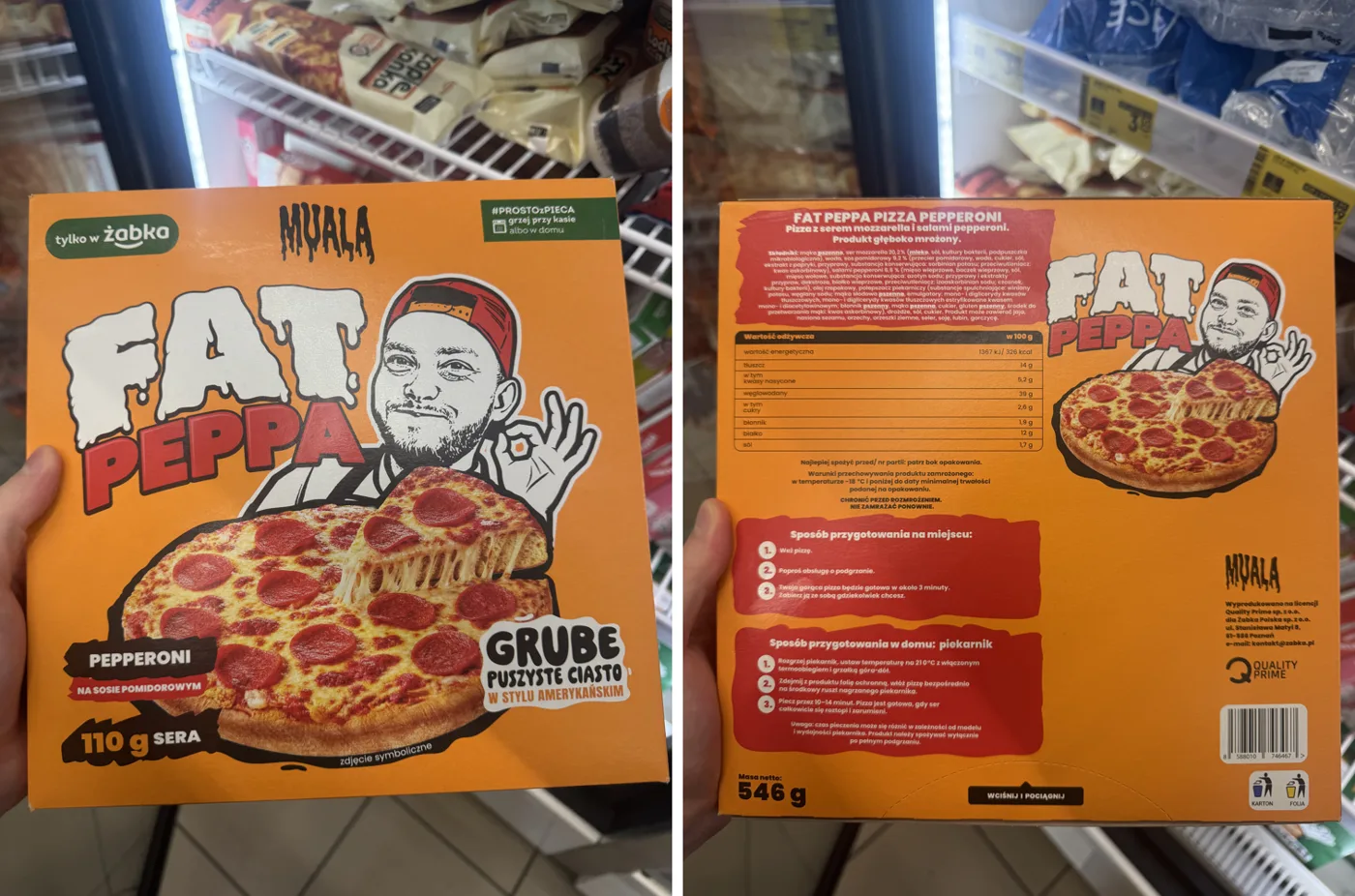 Pudełko pizzy Fat Peppa z rysunkiem Książula, przód i tył z etykietą i wagą 546 g